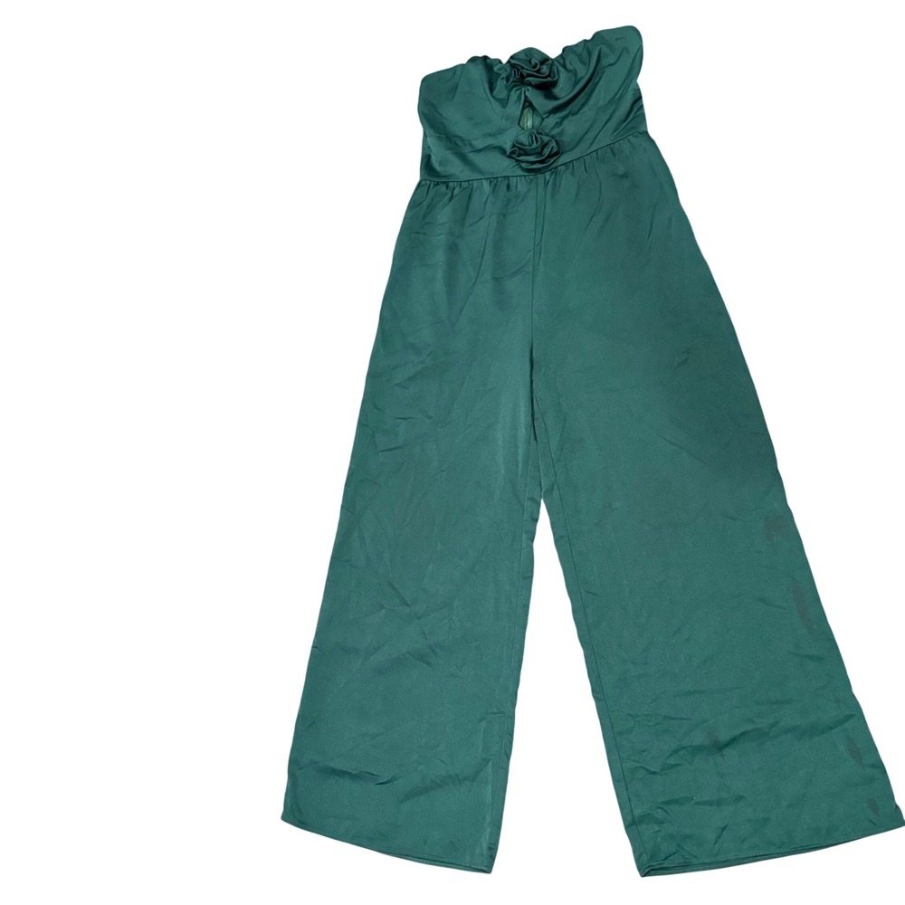 Strapless Emerald Green Jumpsuit Wide Leg Rosette Cutout Holiday L Wedding Guest